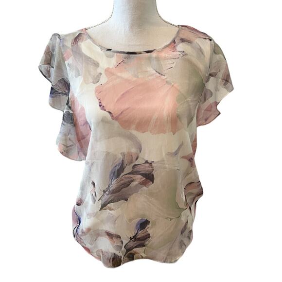 Vince Camuto Floral Short Flutter Sleeve Top S - Picture 1 of 6